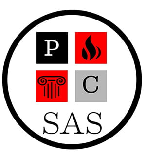 Logo of the School of Arts & Sciences- four squares containing the initial P and C, a stylized torch and a stylized pillar icon surrounded by a circle.