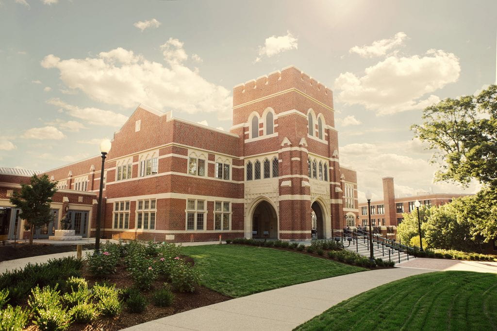 The Ruane Center for the Humanities, the College’s signature academic build- ing, opened for classes in September. The three-level, 63,000-square-foot building is the new home for the Development of Western Civilization Program, the Liberal Arts Honors Program, and the English and history departments. Highlights include a 50-foot-tall Gothic tower entrance, a spacious Great Room with an outdoor terrace, a dozen seminar rooms, two large lecture halls, a 50-seat tiered classroom, a mid-sized flexible classroom, and an outdoor classroom. The Ruane Center was made possible by a leadership gift from Michael A. Ruane ’71 & ’13Hon., former chairman of the Board of Trustees, and his wife, Elizabeth.